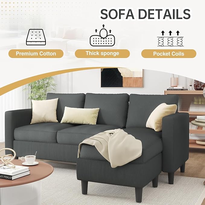 JAMFLY 3-Seat Convertible L-Shaped Sectional Sofa with Reversible Ottoman, Upholstered Fabric Couch for Small Living Rooms, Modern Modular Couch for Apartment, Studio & Loft, Grey