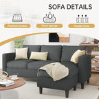 JAMFLY 3-Seat Convertible L-Shaped Sectional Sofa with Reversible Ottoman, Upholstered Fabric Couch for Small Living Rooms, Modern Modular Couch for Apartment, Studio & Loft, Grey