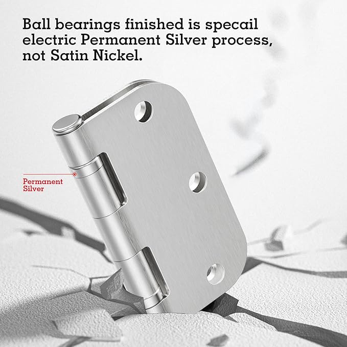 3 Pack Rounded Satin Nickel Door Hinges 3.5 Inch 5/8"Radius No Squeak Ball Bearing Interior 3-1/2"Flat Iron Bifold Residential Standard Bedroom Indoor for Doors 3 ½" Hardware Control House Home Decor
