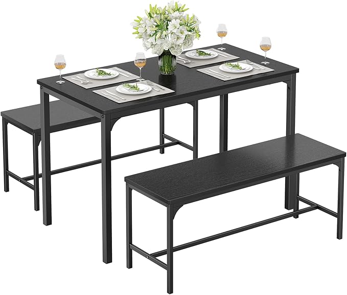 DUMOS Dining Table, Dining Table Set for 4 with Bench, Easy to Assemble Kitchen Table, Space-Saving Ideal 4-Person Set for Dining Room Kitchen Apartment Corner Black 3 Pack