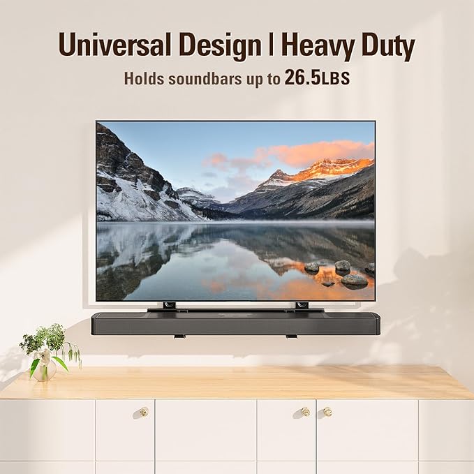 Mounting Dream Soundbar Mount, Heavy Duty Soundbar Wall Mount for Sound Bars with Holes/Without Holes Up to 26.5 LBS, Soundbar Bracket Height Adjust, No-Slip Base Holder Extends 3.44”-6.06”, MD5428