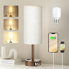 Brown Bedside Table Lamp for Bedroom - 3 Way Dimmable Touch Lamp USB C Charging Ports and AC Outlet, Small Lamp Round Flaxen Cream Fabric Shade for Living Room, Desk, LED Bulb Included