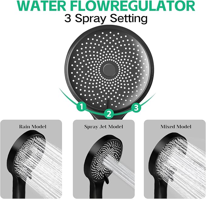 Shower Head,10”Rain Shower Head with Handheld Spray Combo and Adjustable Extension Arm/3-Way Flow Regulator/Shower System,High Pressure Rain Fall Hose,Matt Black