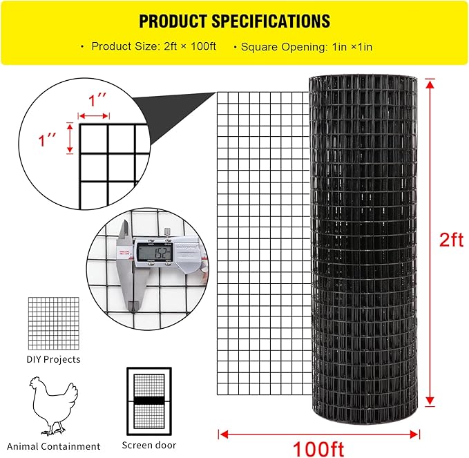 24'' x100' 1inch Hardware Cloth16 Gauge Black Vinyl Coated Welded Fence Mesh for Home and Garden Fence and Home Improvement Project (24'' x 100')
