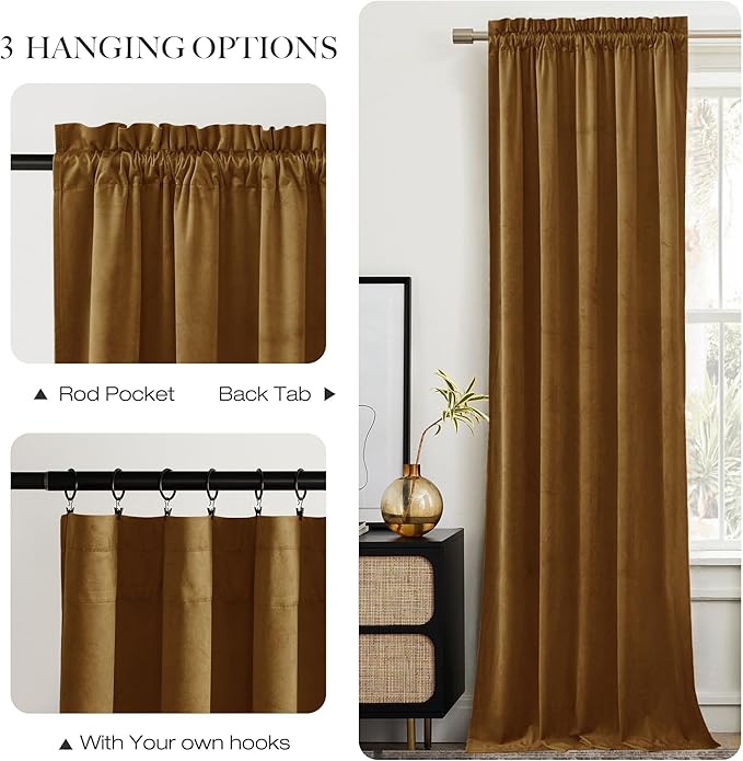 NICETOWN Gold Brown Velvet Curtains 2 Panels, 52" Wide x 96" Long, Luxury and Soft Backdrops for Bedroom and Living Room, Extra Long Window Drapes for Large Sliding Door