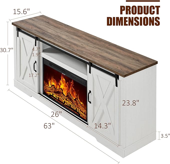 AMERLIFE Fireplace TV Stand with Sliding Barn Door for TVs up to 73", Farmhouse 63" Fireplace Entertainment Center with Storage Cabinets/Adjustable Shelves, Distressed White & Barnwood