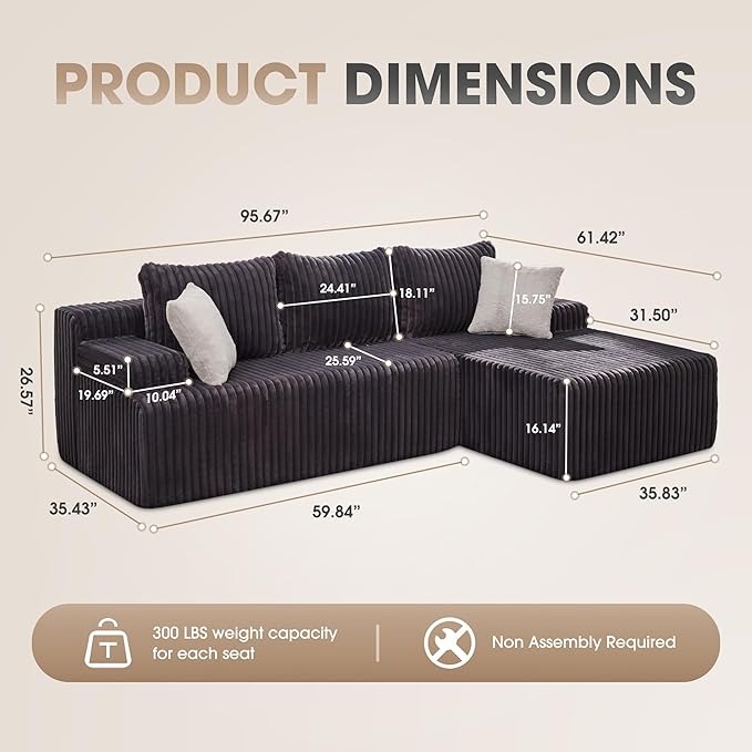 Modular Sectional Sofa Couches L-Shape Couch 3 Seat Modular Sofa Memory Foam Sectional Couches for Living Room, Cloud Couch with Oversized Chaise (Grey Stripe, 96" Right Facing Chaise) | modular