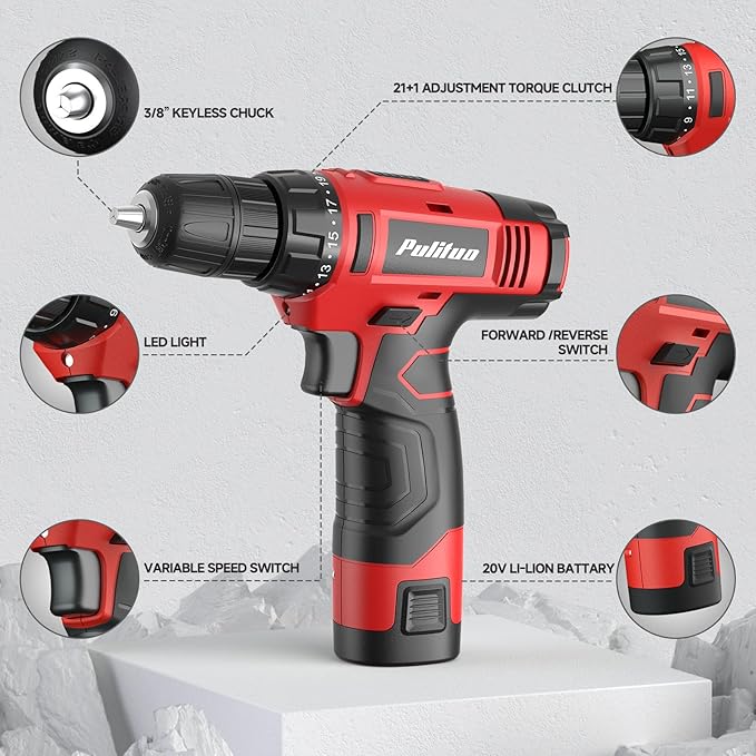 PULITUO 148-Piece Home Drill Set with 12V Red Cordless Drill, Hand Tools, Tool Box, Ideal for Men, Women, and DIY Enthusiasts for Home Improvement.