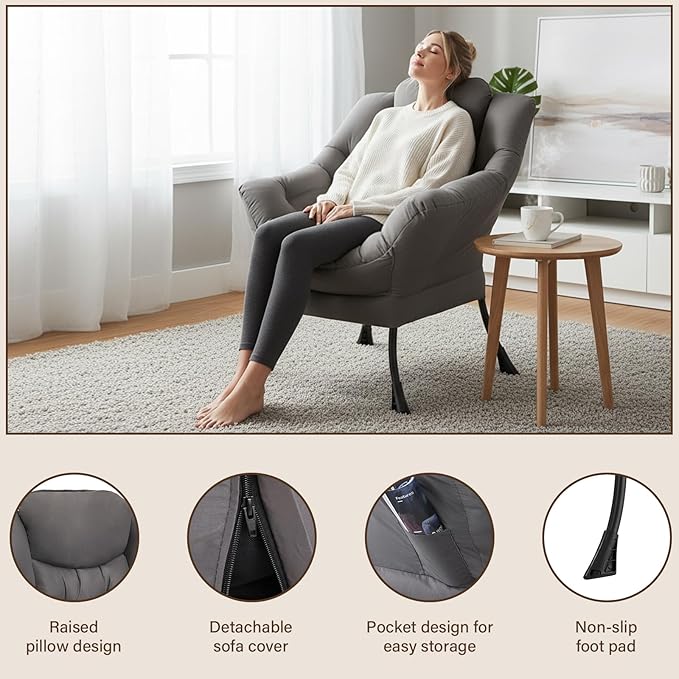 Welnow Lazy Chair for Living Room, Modern Reading Accent Chair with Armrests and a Side Pocket, Leisure Upholstered Lazy Sofa for Small Space, Bedroom, Dorm, Dark Grey