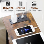 Narrow Nightstand with Charging Station, End Tables Living Room Set of 2, Skinny Side Table with Fabric Drawers, Small Sofa Table with LED Light for Bedroom, Rustic Brown, HETNDP02LPBR
