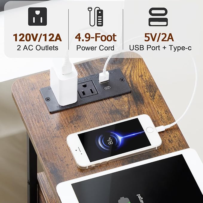 Narrow Nightstand with Charging Station, End Tables Living Room Set of 2, Skinny Side Table with Fabric Drawers, Small Sofa Table with LED Light for Bedroom, Rustic Brown, HETNDP02LPBR