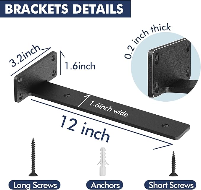 12 Pack Floating Shelf Brackets,12 Inch Heavy Duty Industrial Shelf Bracket, Black Metal L Brackets for Shelves Support DIY(1/5 Inch Thicked)