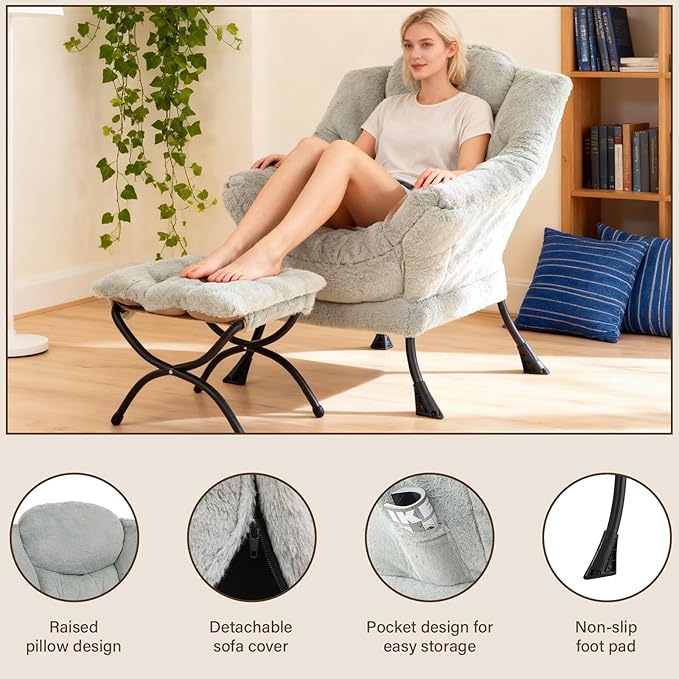 Welnow Lazy Chair with Ottoman, Modern Accent Chair with Armrests and a Side Pocket, Leisure Sofa Armchair, Reading Armchair with Footrest for Small Space, Plush Green