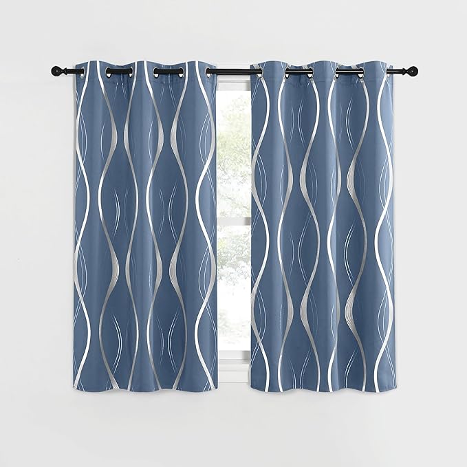 NICETOWN Stone Blue Blackout Curtains 54 inch Long Small Panels, 42 Inch Wide, Window Treatment Thermal Insulated Wave Line Foil Print Design Drapes for Kitchen, Cafe, Loft, Set of 2