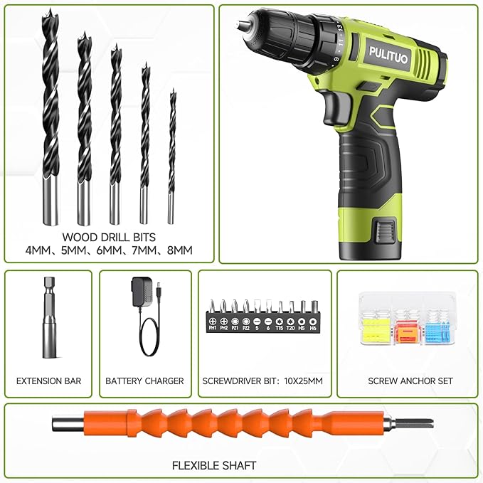 PULITUO 12V Green Cordless Drill Set Power Drill Kit with Battery and Charger,electric drill home improvement,3/8-Inch Keyless Chuck,Built-in LED,21+1 Torque Setting