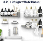 NESOMI Shower Caddy Adhesive Shower Organizer 8-Pack, Rustproof Stainless Steel Bathroom Shelves, Large Capacity No-Drill Rack Storage Accessories with Soap Dish Toothbrush Holder Hooks
