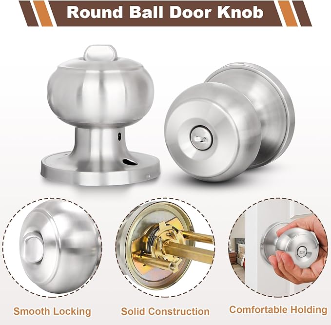 Estmoon 5 Pack Door Knobs Brushed Nickel Interior Keyless Door Lock Privacy Door Handle, Round Ball Silver Knobs for Bathroom Bedroom