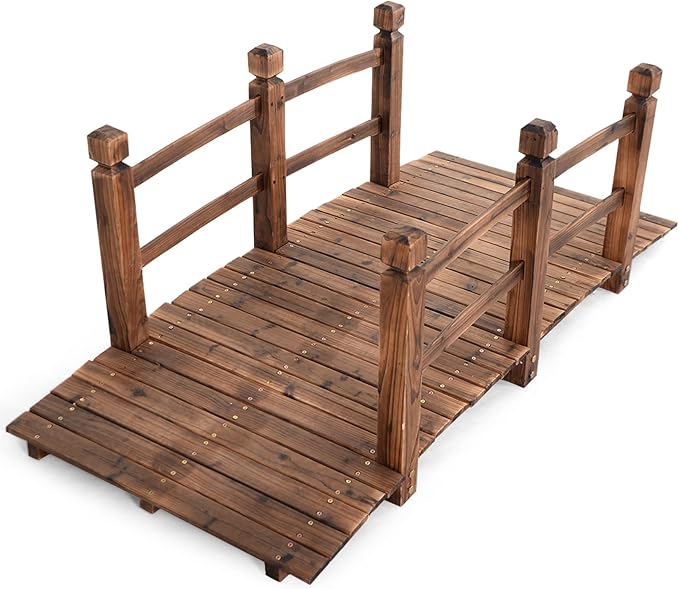 Giantex 5 FT Wooden Garden Bridge, Stained Wood Arc Footbridge with Railings, 400 lbs Capacity, Decorative Pond Bridge for Outdoor Garden Yard Backyard Creek Farm (Brown)