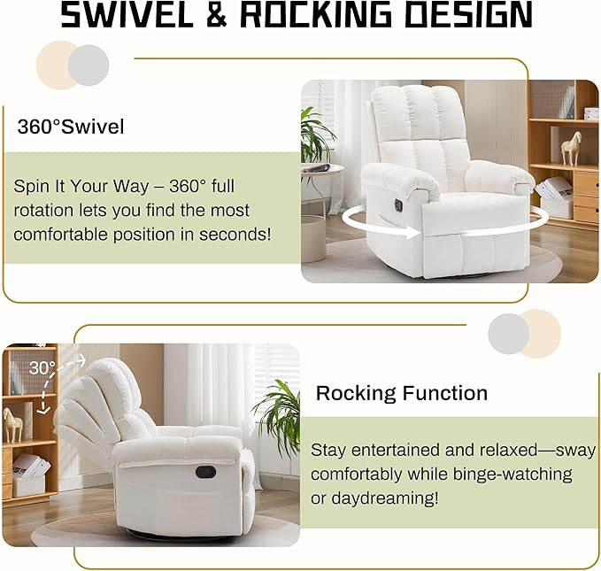Recliner Chair, Swivel Rocker Recliner Chair for Adults, Small Recliners for Small Spaces, Upholstered Manual Recliner with Side Pockets, Nursery Rocking Chair for Living Room, Chenille, Beige