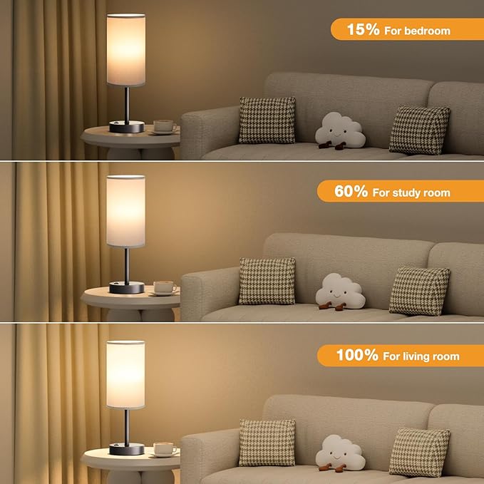 Fenmzee Grey Nightstand Bedroom Lamp - 3 Way Dimmable Bedside Lamp USB C A Charging Ports and AC Outlet, Small Table Lamp Linen Lampshade for Office Desk