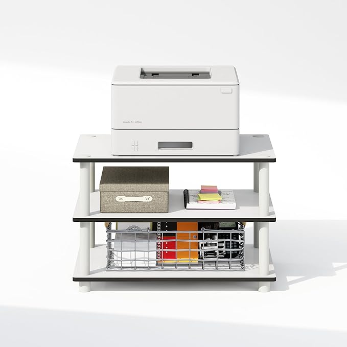 Furinno JUST Printer Stand with Storage, 3-Tier Under Desk Printer Stand, Printer Table, for CPU, Office Supplies, Home Office, White