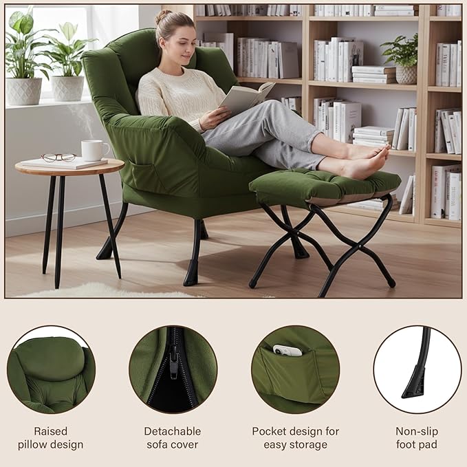 Welnow Lazy Chair with Ottoman, Modern Reading Accent Chair with Armrests and a Side Pocket, Leisure Upholstered Lazy Sofa Set with Footrest for Small Space, Army Green