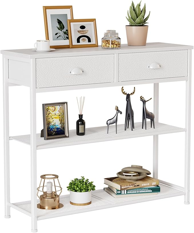Furologee 30'' Entryway Table, White Console Table with Storage, Narrow Sofa Table with 2 Drawers and 2 Shelves for Hallway, Living Room, Bedroom, Foyer, Couch, Tv