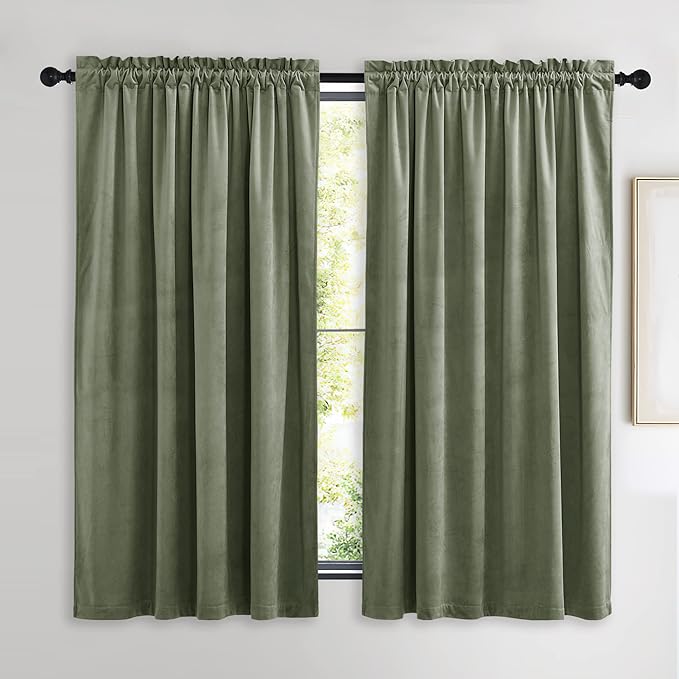NICETOWN Super Soft Velvet Curtains 63 inches, Sound Reducing Cold Heat Insulated Heavy Matt Room Darkening Drape Panels for Living Room (Sage Green, 2 Panels)