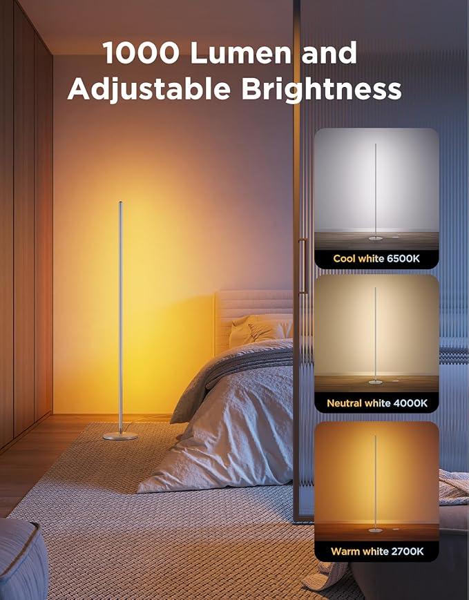 Govee RGBIC Floor Lamp, LED Corner Lamp Works with Alexa, Smart Modern Floor Lamp with Music Sync and 16 Million DIY Colors, Color Changing Standing Lamp for Bedroom Living Room Silver