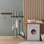 2 Pack Mop Broom Holder Wall Mount - Wood Broom Mop Hanger - Wall Mounted Garden Tool Rack Organizer for Closet Garage Laundry Room Farmhouse Rustic Kitchen Decor With 4 Slots & 4 Hooks
