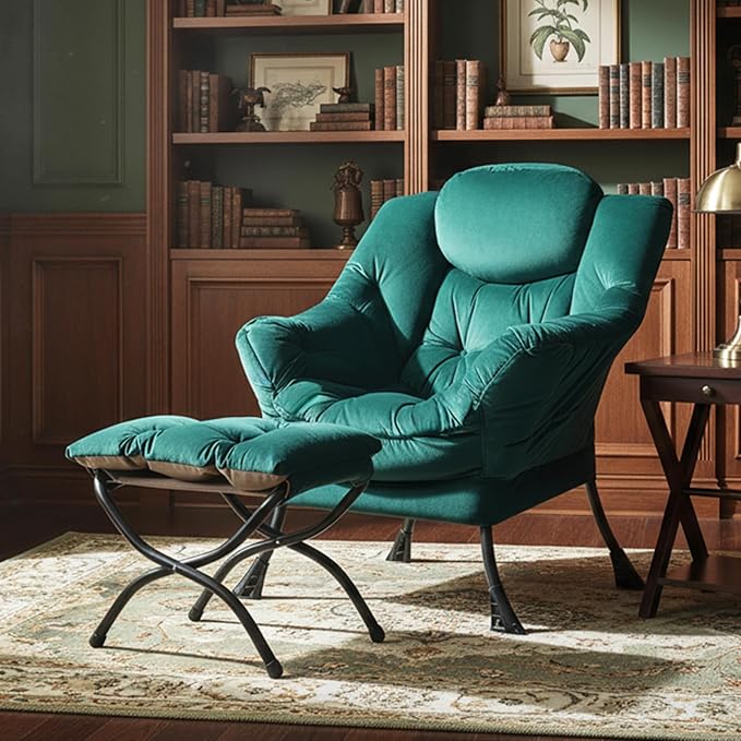 Tiita Lazy Chair with Ottoman, Green Modern Large Accent Chair, Comfy Leisure Sofa Armchair with Ottoman, Reading Chair with Footrest for Bedroom, Living Room, Dorm Rooms, Green