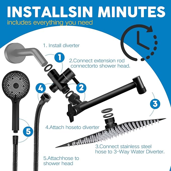 Shower Head,8”Rain Shower Head with Handheld Spray Combo and Adjustable Extension Arm/3-Way Flow Regulator/Shower System,High Pressure Rain Fall Hose,Matt Black