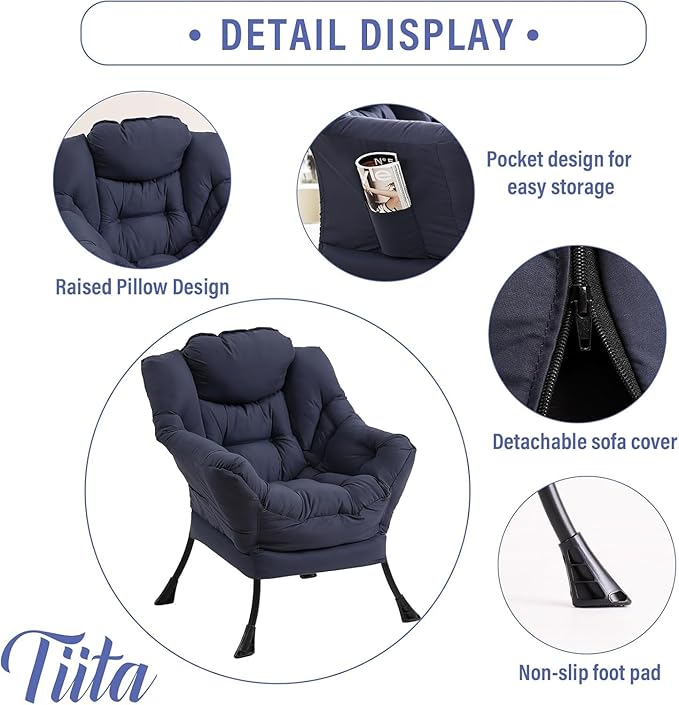 Tiita Lazy Chair with Ottoman, Navy Modern Large Accent Chair, Comfy Leisure Sofa Armchair with Ottoman, Reading Chair with Footrest for Bedroom, Living Room, Dorm Rooms, Navy