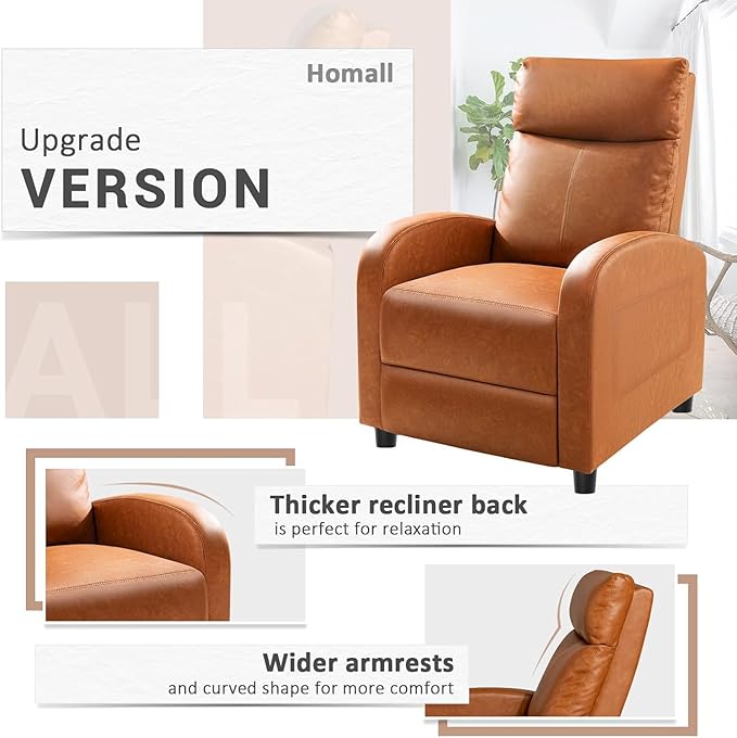 Homall Recliner Chair, Recliner Sofa PU Leather for Adults, Recliners Home Theater Seating with Lumbar Support, Reclining Sofa Chair for Living Room (Khaki, Leather)