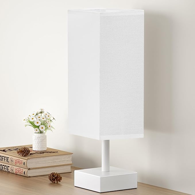 aooshine White Small Table Lamp - Bedside Lamp for Bedroom, Minimalist Nightstand Lamp with Square Fabric Shade, Desk Lamp for Kids Room Dorm