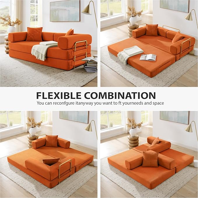 4-in-1 Folding Convertible Sofa Bed, 78 Inch Boneless Couch with Fixed-Shape Frame, Corduroy Loveseat Sleeper with Pull Out Bed, Floor Sofa Modular Futon Couch for Living Room Bedroom Lounge (Orange)