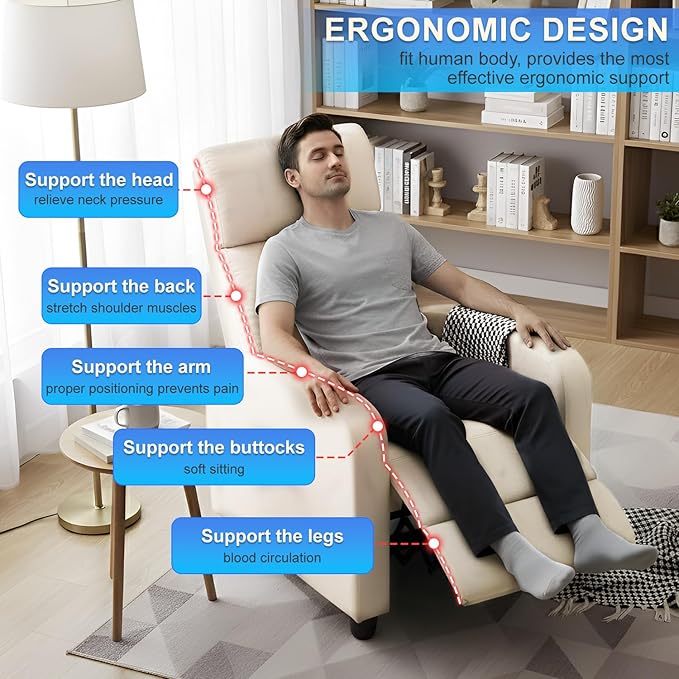 BestMassage | Recliner Chair | No Massage Function | Textile Beige | with Lumbar Support, Adjustable Push Back, Wide Armrests, Footrest & Padded Seat | Easy Assembly | for Living Room, Home Theatre