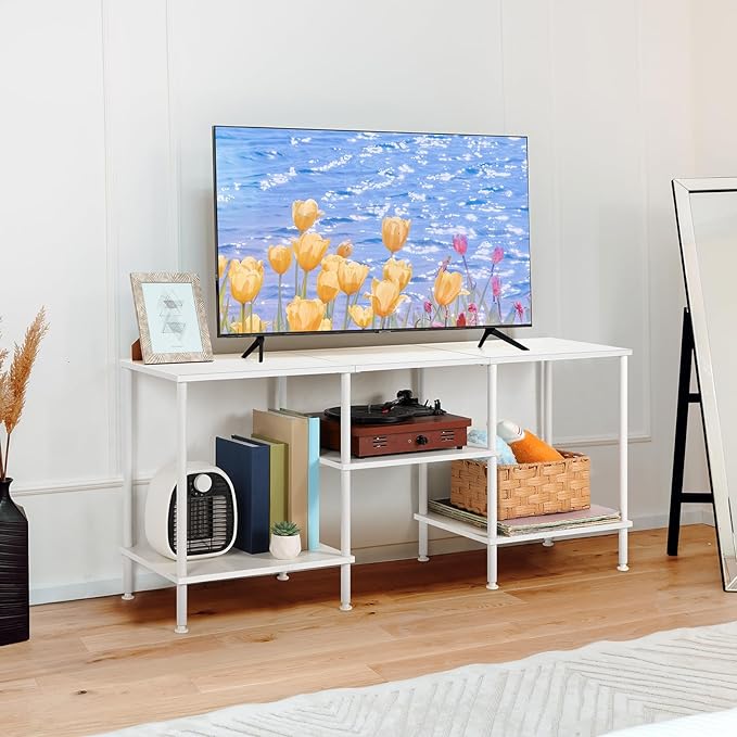White TV Stand with Storage for 50 Inch TV Modern Entertainment Center with Open Storage Shelves 3 Tier Wood TV Console Table Media Cabinet for Living Room Bedroom Office