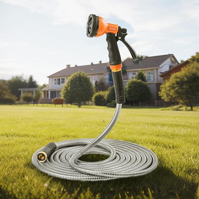 VEVOR Metal Garden Hose 200 ft, Heavy Duty Stainless Steel Water Hose with 10-Function Nozzle, No-Kink & Flexible Outdoor Garden Hose, Rust-Proof Lightweight Hose for Yard, RV, Car Wash