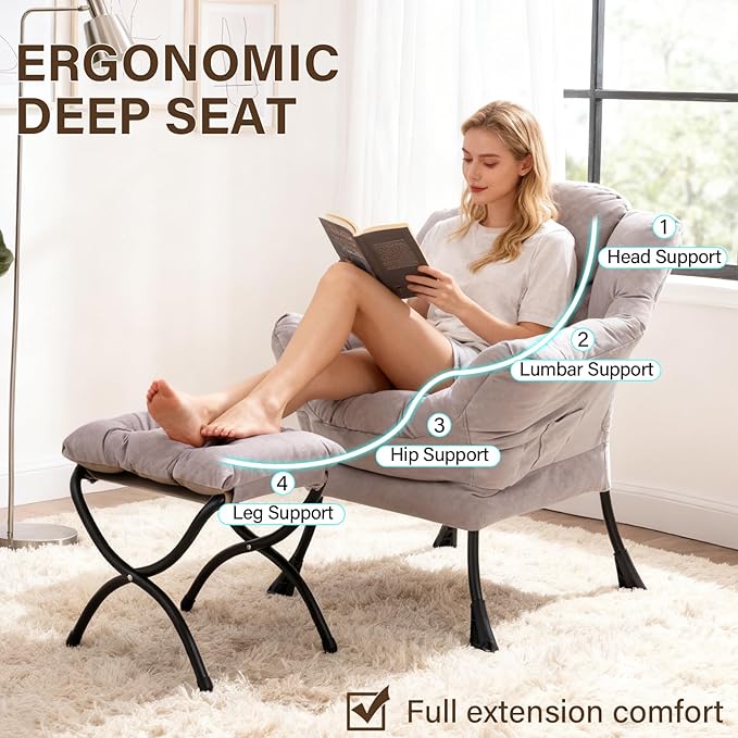 Welnow Lazy Chair with Ottoman, Modern Accent Chair with Armrests and a Side Pocket, Leisure Sofa Armchair, Reading Armchair with Footrest for Small Space, Light Grey