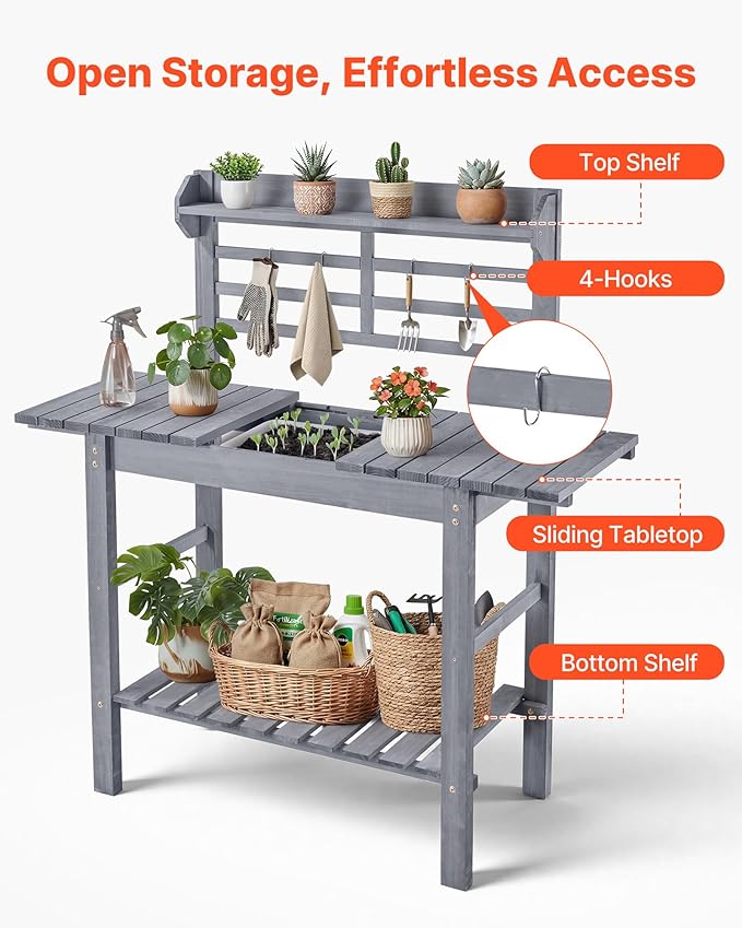 VEVOR Potting Bench Table, Outdoor Gardening Workstation with Sink, 37-55in Adjustable Wood Tabletop, Garden Work Station with Storage Shelves, Hooks for Patio, Backyard, Classic Grey