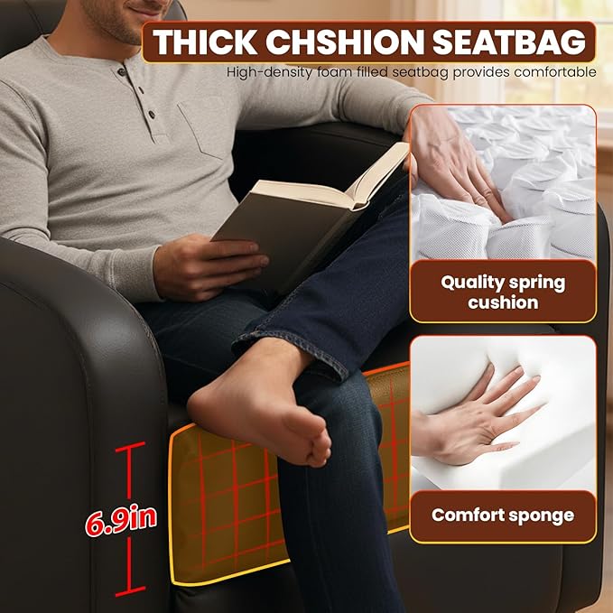 BestMassage Recliner Chair with Adjustable Backrest & Footrest, PU Leather Armchair with Lumbar Support for Living Room, Home Theater, Bedroom (Dark Black)