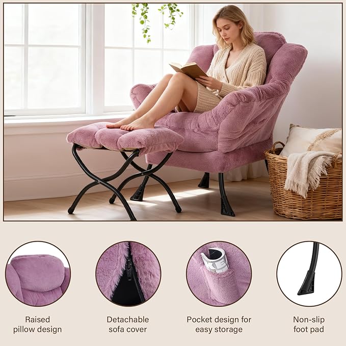 Welnow Lazy Chair with Ottoman, Modern Accent Chair with Armrests and a Side Pocket, Leisure Sofa Armchair Set, Reading Armchair with Footrest for Small Space, Plush Purple