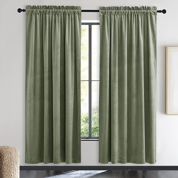 NICETOWN Super Soft Velvet Curtains 72 inches, Sound Reducing Cold Heat Insulated Heavy Matt Room Darkening Drape Panels for Living Room (Sage Green, 2 Panels)
