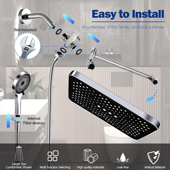 Shower Head,14" High Pressure Shower Combo,Rainfall Shower System with Handheld Spray,All Metal 3-Way Diverter & 6ft Hose,Anti-Clog Nozzles,Easy to Install in Bathrooms-Chrome
