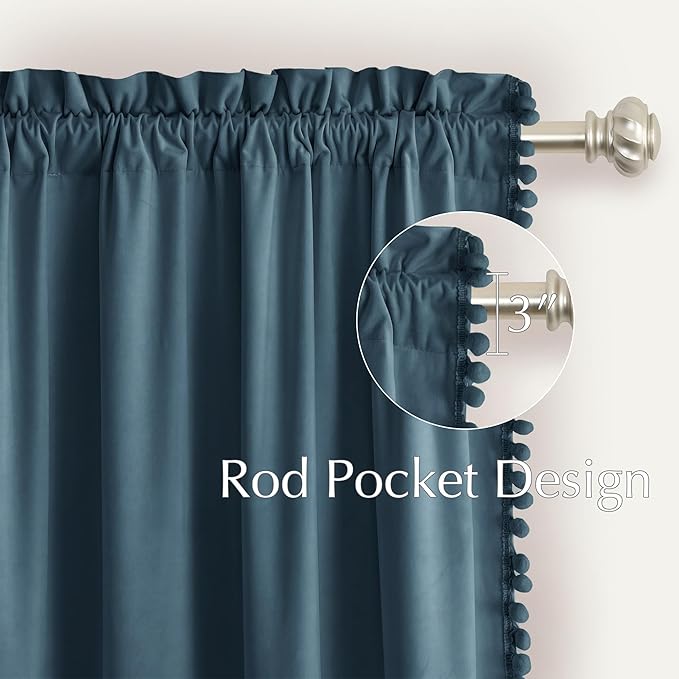 NICETOWN Slate Blue Velvet Curtains 84 Inch Length – Pom Pom Room Darkening Drapes for Nursery & Boys Room, Thermal Insulated Soft Window Treatments, 52" W x 84" L, 2 Panels