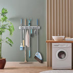 Mop and Broom Holder Wall Mount - White Broom Mop Hanger - Wall Mounted Garden Tool Rack Organizer for Closet Garage Laundry Room Kitchen Decor With 5 Slots & 4 Hooks