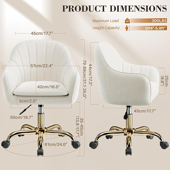Vanity Chair with Wheels, Comfy Home Office Desk Chairs Adjustable Modern Velvet Makeup Vanity Chairs for Bedroom Living Room-Beige Pack of 2