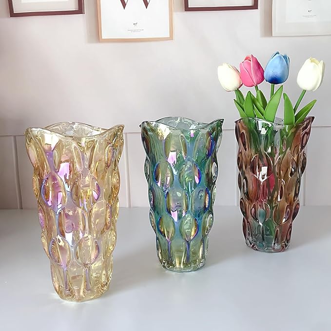 Unbreakable Flower Glass Vase 3.5lb 9.5inch Sparkle vase Bohemian Style, for Centerpieces,Kitchen,Office, Living Room,Wedding,Perfect Home Decor Glass Vase (Sparkle Green)