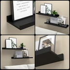 RICHER HOUSE 4 Set Floating Wall Mounted Shelves, Black Shelves for Wall Decor, Modern Picture Ledge Shelf with Lip for Storage, Nursery, Bedroom, Living Room, Bathroom - Black